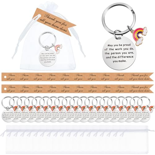 Otuuz 60 Pcs Thank You Keychains Employee Appreciation Gifts with Bags | Rainbow Inspirational Key Rings, White Organza Bags Cards, Friendship Keyring Coworker Leaving Presents Bulk for Colleague