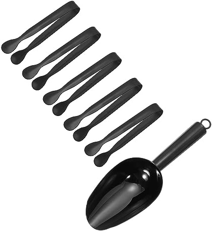 uxcell Serving Tongs, 6pcs - Stainless Steel Ice Scoop and Ice Tong, Mini Kitchen Tongs & Scoops, for Ice Bucket, Sugar, Dessert (Black)