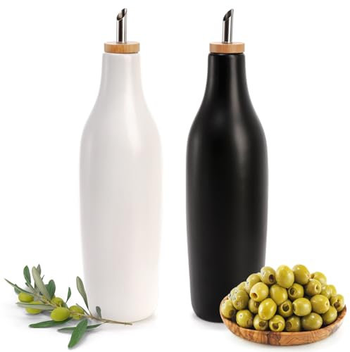 Elsjoy Set of 2 Ceramic Oil Bottle, 16 oz Ceramic Olive Oil Dispenser Set Olive Oil Container Pourer with Spout, Black & White