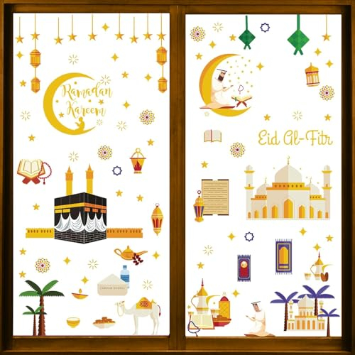SOETDERT Adesivi per finestre Ramadan, Set di 196 pezzi di immagini per finestre Eid Mubarak, Adesivi per finestre musulmane Decorazione Ramadan, Adesivi per finestre Eid Mubarak Stella Mezzaluna Dec