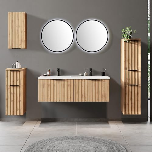 Lomadox Badmöbel Set 6-teilig inkl. Doppelwaschtisch 120cm in Eiche, Fronten gestreift | Doppelwaschbecken weiß, Spiegel mit LED