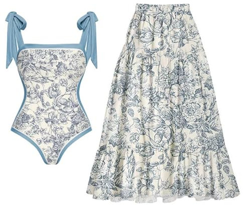 Zweiteiliger Damen-Badeanzug, Bikini, hohe Taille, Damen-Bademode, französischer Retro-Bauchschutz und schlankmachender Einteiler, Monokini mit langem Wickelrock, Sarong, Strandmode, blau (1), 42