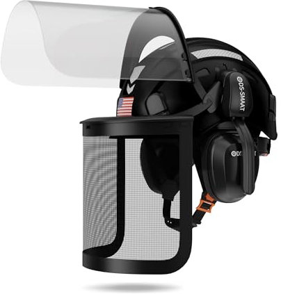 DS-SMAAT Casque de sécurité 4 en 1 pour tronçonneuse industrielle avec double visière et cache-oreilles certifié ANSI Z89.1 pour la sylviculture, arboriculteur, noir + maille