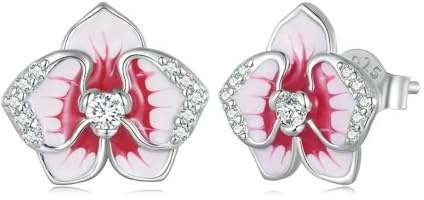925 Sterling Silver Pink Butterfly Orchid Stud Earrings Enamel Phalaenopsis Flower Earrings For Women Fine Jewelry