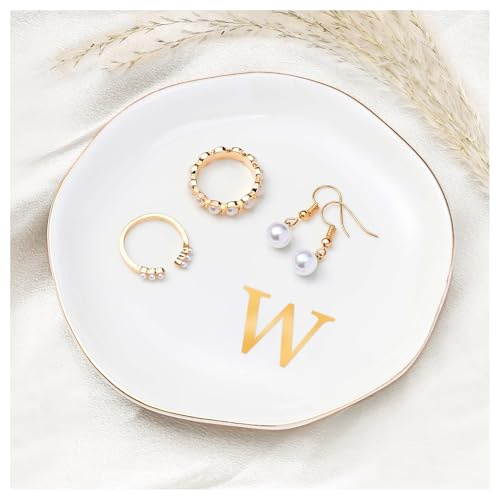 ProCase Svuotatasche Design Moderno in Ceramica, Vassoio Portagioie con Iniziali in Oro per Orecchini, Collane, Anelli -Bianco W
