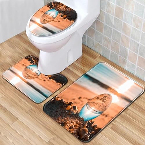 Bad Teppiche Set 3-Teiliges Orange Blau Sonnenuntergang WC Vorleger Mit Ausschnitt Badematte Saugfähig WC Deckelbezug Badvorleger rutschfest Waschbar Toilettensitzbezug Badgarnitur (50x80cm)