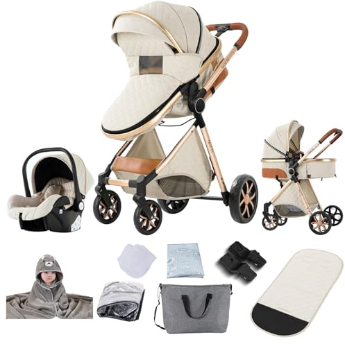 Magic ZC Kinderwagen 3 in 1, Kombikinderwagen 3 in 1 Komplettset mit Umkehrbarem Zwei-Wege-Schub, Buggy mit Zubehör Hohe Landschaft, Faltbarem Tragbarem One-Click-Design (V9 Creamy White)