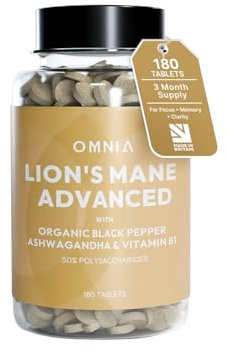 OMNIA Lion’s Mane 2000mg Tablets –15:1 High Strength Extract –with Ashwagandha, Organic Black Pepper & Vitamin B1 –180 Vegan Tablets –UK Made Brain Supplement for Focus & Clarity