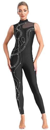 FEESHOW Women's Gymnastics Unitard One Piece Sleeveless Dance Bodysuits Skating Jumpsuit Ballet Leotards Black Medium