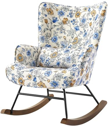 HomeMiYN Sedia a Dondolo Poltrona Dondolo Allattamento Interno Relax Salotto Camera da Letto Con Cuscino Lombare Struttura in Metallo e Gambe in Legno Stampato (Bellis perennis)