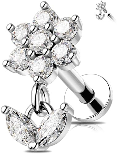 OUFER Fiore Piercing Helix 16G 8 mm Acciaio Chirurgico 316L Zirconi CZ Trasparente Labret Stud 8 mm Orecchino Cartilagine Donne