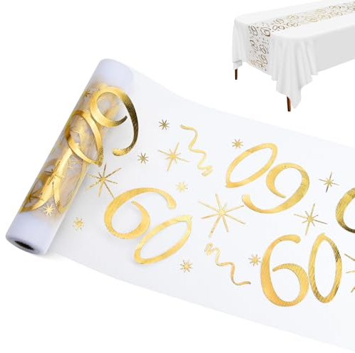 Tischläufer 60. Geburtstag, Tischdeko Geburtstag 28 cm x 10 m, Tischläufer Gold Rolle, Deko 60 Frau Mann, Tischband Tischdecke, Party Jahrestag (60 Jahre)