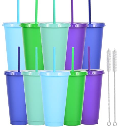 Yisituo 10 Stück Trinkbecher mit Deckel und Strohhalm, 710ml Wiederverwendbare Plastikbecher mit für Smoothies, Kaffee, Party und Reise (10, Farbe)