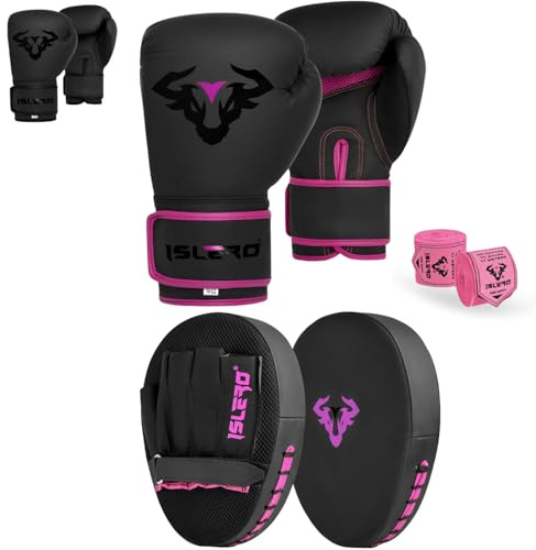 Islero boxningshandskar och dynor set fokuskuddar vantar krok och jab hand mål skydd träning sparring MMA kampsport muay thai kickboxning karate män kvinnor (rosa, 396 g)
