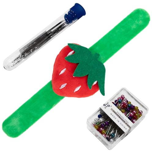 Strawberry Wrist Pin Cushion for Sewing, Snap Bracelet Wrist Bands Pincushion Organizer for Pins and Needles Include 80 Pearl Ballhead Pins and 18 Sewing Needles
