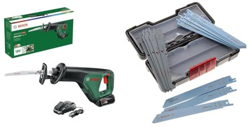Bosch Akku Säbelsäge AdvancedRecip 18 (2,5 Ah Akku, 18 Volt System, Carton) + 2607010901 15-Piece Recip Saw Blade Wood and Metal Set (for Wood and Metal, Toughbox, Accessories for Recip Saws), White