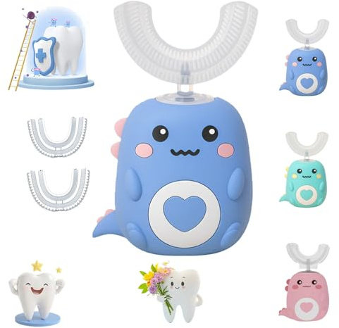 Whizbrush - U-Shaped 360º Ultrasonic Toothbrush, Electric Toothbrush Kids with 2 U Shaped Silicone Brush Heads, Automatic Toothbrush with Led & Dino Look Light for Boys and Girls (1PC)