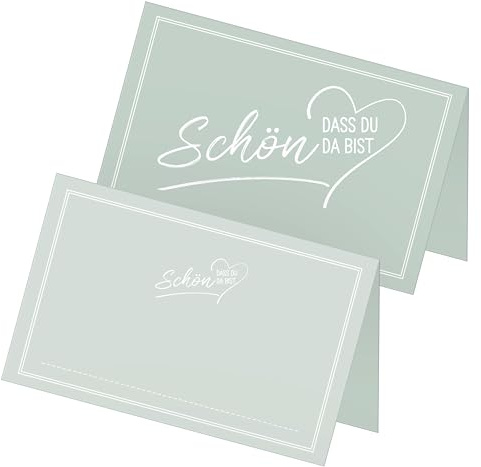 itenga 48x Tischkarten „Schön, DASS du da bist“ V2 – Platzkarten Namensschilder – 9 x 5 cm – ideal für Hochzeit, Taufe, Geburtstag, Feier – 13 Farben verfügbar (eukalyptus grün)