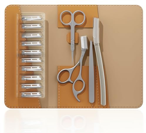 OFIDUS Pinzas para vello facial, kit 4 en 1 para cejas con pinzas, tijeras recortadoras, maquinilla de afeitar, estuche de viaje de cuero, herramientas de belleza para uso diario