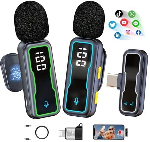Wireless Lavalier Microphone for iPhone : Mini Lapel Mic with Intelligent Noise Cancelling, 48kHz/16bit, 65ft Range, for Android Phone, Video Recording, Streaming, Interview, Vlogs