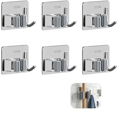 BEGTPK Adhesive Broom Holder Wall Mounted, 6 Pack SUS304 Stainless Steel Mop and Broom Holder - No Drill Heavy Duty Tool Organizer with Hooks for Bathroom, Kitchen, Garage, Garden Tools