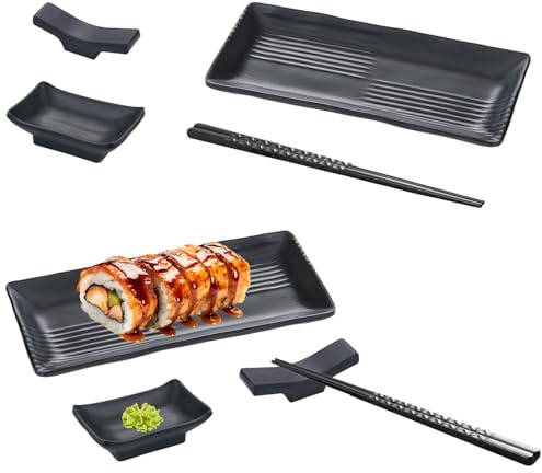 Set di stoviglie giapponesi per sushi, in melamina, con 4 paia di bacchette, 4 ripiani per bacchette, 4 piatti, 4 piatti per salsa, set per 4 persone, per ristoranti, famiglie e hotel