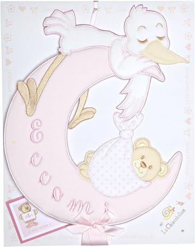 La Chiocciolina FIOCCO NASCITA LUNA-CICOGNA, color Rosa, non da ricamare, prodotto artigianale italiano.