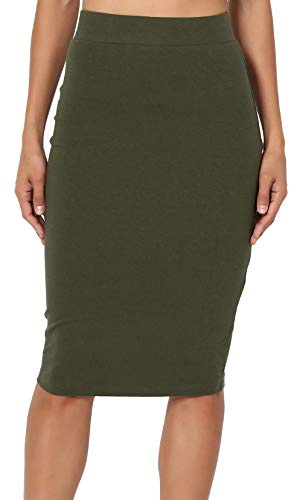 PrettyFashion Jupe Crayon au Genou à Taille Haute Midi Élasticité Bodycon Droite pour Femmes (Vert Kaki, M)
