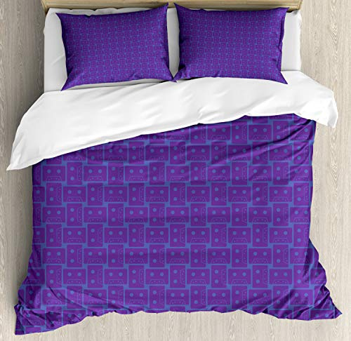 Ambesonne Abstract Duvet Cover Set, Old Fashioned Cassette Illustrations Digital 80s 90s, Decorative 3 Piece Bedding Set with 2 Pillow Shams, Queen Size, Ceil Blue Violet