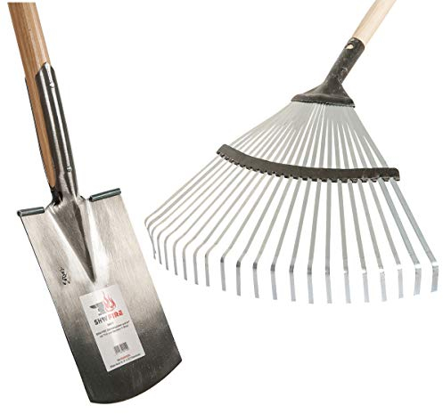 Garten-Set: Spaten für Harte Böden und praktischer Laubrechen mit 95cm und 135cm Stiel aus Esche von SHW-FIRE