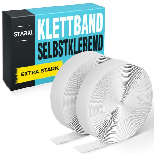 STARKL Klettband Selbstklebend Extra Stark, 5 m × 20 mm, Weiß | Industrieklebstoff in Profiqualität, werkzeuglose Montage, extra starkes geruchloses Selbstklebeband, Premiumqualität