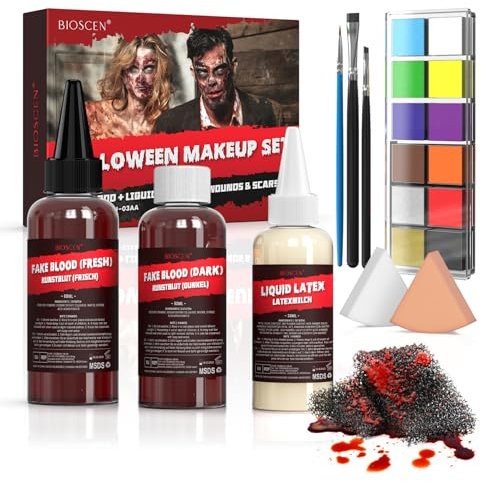 Halloween Kunstblut Schminke Set: frisches Blut,Dunkel blut ,Latexmilch&Farben Schminke, Realistisch, Abwaschbar und Sicher für Make up Zombies, Vampire, Kostüme,Monster,Cosplay