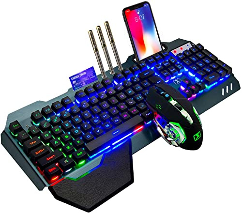 Kabellose Gaming-Tastatur mit mechanischem Gefühl, Regenbogen-Hintergrundbeleuchtung, wiederaufladbarer 3800-mAh-Akku mit Abnehmbarer Handauflage +7-Farben-LED-Gaming-Maus für PC-Schreiber/Spieler