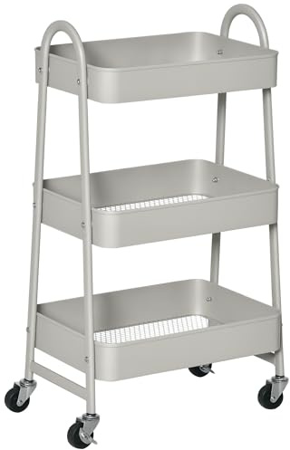 HOMCOM Carrito de Cocina de Acero con Ruedas Carro de Almacenamiento de 3 Niveles y Frenos para Baño Salón Dormitorio Oficina 45x31x79,4 cm Gris