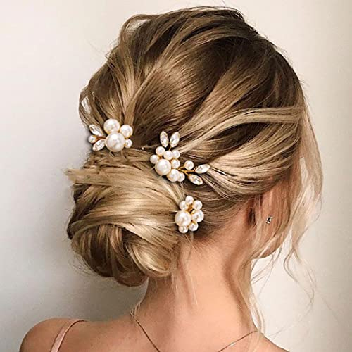 Vakkery Braut Hochzeit Haarnadeln Gold Perle Haarspangen Braut Kopfschmuck Kristall Hochzeit Haarschmuck für Damen und Mädchen (3 Stück)