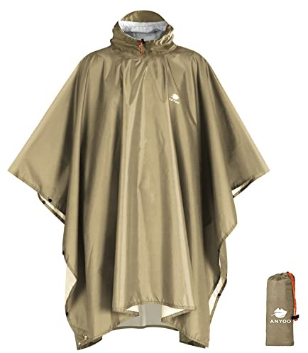 ANYOO Poncho de Lluvia Reusable de Ripstop transpirante Ligero a Prueba de Agua Multiuso Impermeable con Capucha para el Aire Libre Campamento Excursionismo y Pesca, Caqui oscuro, Talla única