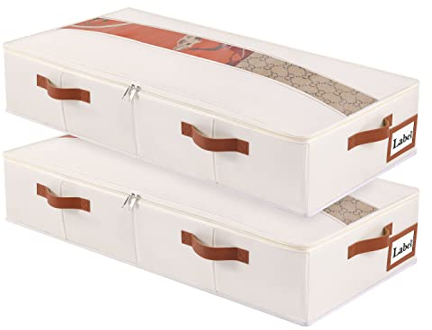 Yawinhe 2 Stück Unterbettkommode, Unterbett Aufbewahrungsbox Vliesstoff, Faltbare Aufbewahrungstasche, mit Klarem Deckel und Haltegriffen, für Schlafzimmer, 60x30x15cm, Beige