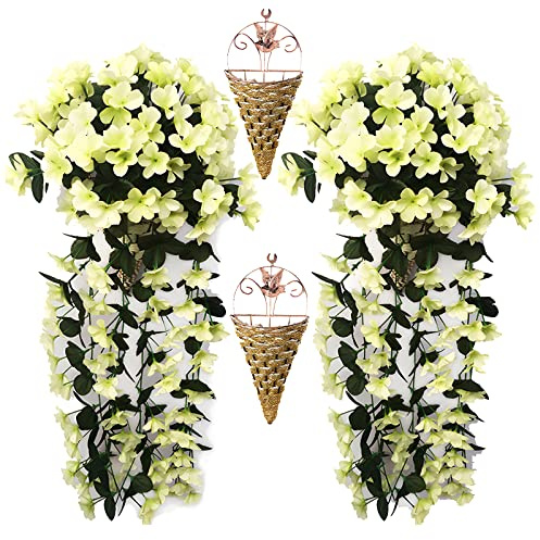 2 Pcs Artificial Hanging Baskets Outdoor With Flowers, Hanging Baskets With Flowers For Garden Wall Fence Wedding Balcony Outdoor Inside Door Decoration,Light Yellow