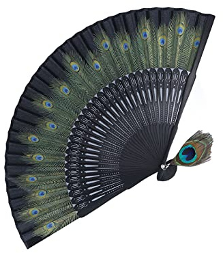 Spanische Fans, Großer Fächer, Grüner Fächer, Faltfächer, Schwarze Knochen, Wunderschönes Pfauenmuster, Antiker Bambus-Handfächer für Performance, Kleidung, Dekoration,
