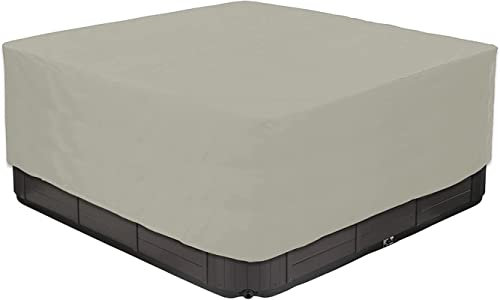 IBOWZ Couverture de Bain à Remous Carrée Couverture de Spa carrée extérieure en Polyester 210D imperméable, Protection UV pour Spa de Jardin, Beige, 244 x 244 x 90 cm