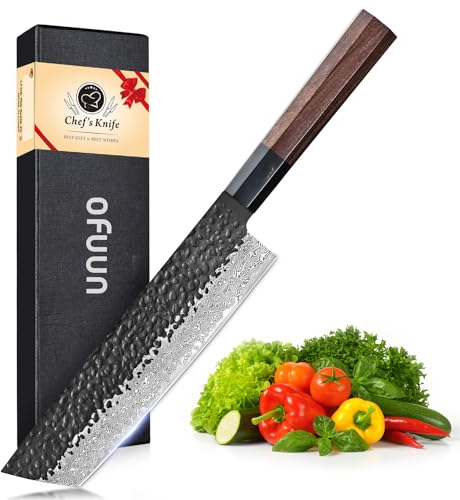 oFuun Damastmesser Nakiri Kochmesser 18cm, Professionelles Küchenmesser VG-10 Stahl mit hohem Kohlenstoffgehalt, Extra Scharfes Messer mit Ergonomischem Achteckigem Griff aus Rotholz und Geschenkbox.