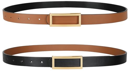 SANSTHS Skinny Reversible Belts for Women, Two-in-one Women Thin Belt for Dresses Jeans Pants with Gold Buckle, Black/Brown XS