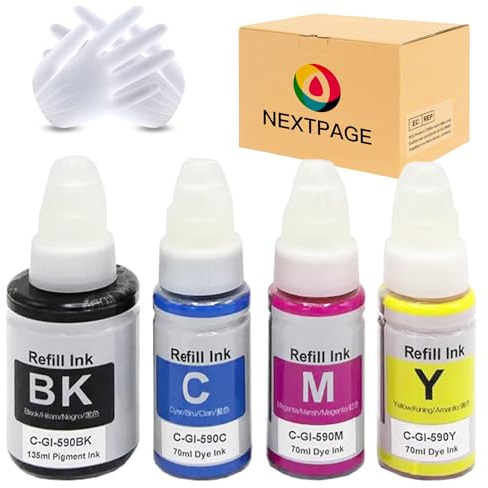 Nextpage GI-590 GI590 Tinte kompatibel für Canon GI-590 für Canon PIXMA G1500 G1501 G1510 G2500 G2501 G2510 G3500 G3501 G3510 G4500 G4510 G4511 (4 Packungen, Schwarz, Cyan, Magenta, Gelb)