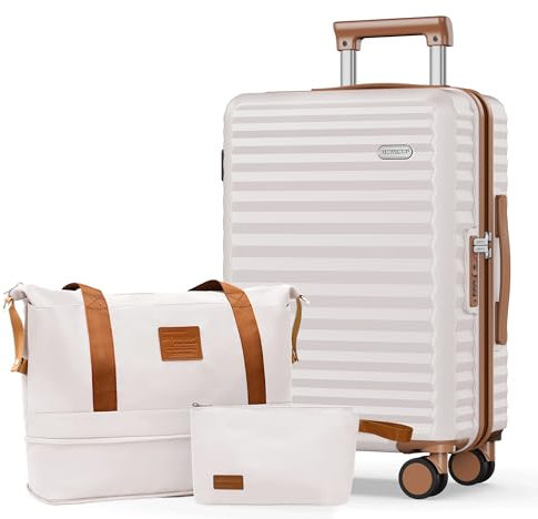 SHOWKOO Hartschalenkoffer Mittelgroß Leicht 100% Polycarbonate Erweiterbar Haltbar Reisekoffer mit Rollen Koffer Set Trolley Handgepäck Enthält 1 Reisetasche und 1 Kulturbeutel, L-Beige Weiß
