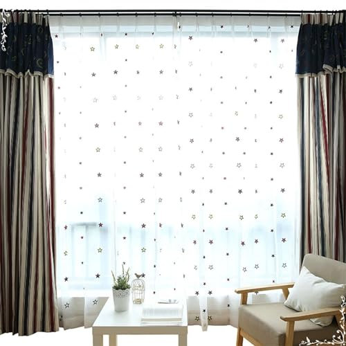 Beydodo Gardinen für Schienensystem, Vorhänge Weiß 2er Set Haken Stickerei mit Sternen Motiv 107x160CM Gardinenschals Polyester Halbtransparent für Wohnzimmer Schlafzimmer Küche