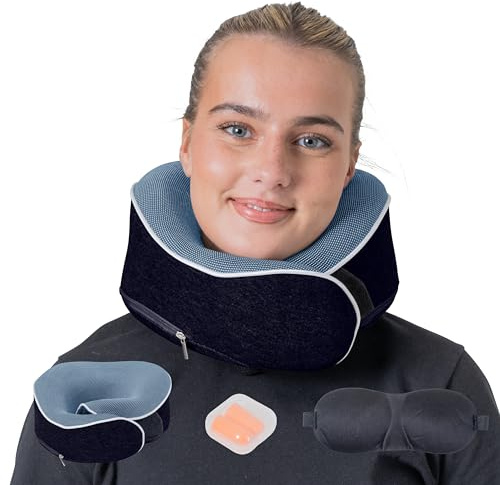 Relaxd Travel Pillow for Adults | Adjustable Memory Foam Neck Pillow for Travel | 360 Degree Neck Support | Removable Pillow Case | Includes Eye Mask, Earplugs, Travel Bag | Navy Blue | UK Brand