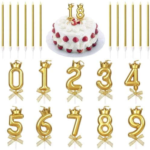OT-NVWOZR 22PCS Birthday Candles for Cakes,Crown Number Candle 0-9 with 12 Gold Long Candles, Golden Glitter Birthday Cake Candles Decoration Cake Topper for Birthday Party Wedding