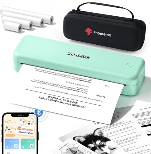 Phomemo M834 Thermodrucker A4, Mobiler Drucker A4 für Unterwegs, Büro, Schule, Zuhause, Kompatibel mit Smartphones und Computern, Tragbarer Drucker mit Tragetasche und 4 Rollen Thermopapier, Grün