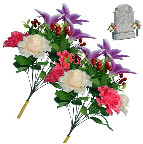 BEAHING 2 Bündel künstliche Blüten für Gräber Grabblüten 12 Köpfe Friedhofsblüten Rose und Lily Memorial Seidenblumen für Gräber Grabsteine ​​Grabdekorationen lila, Grabblumen für Friedhof