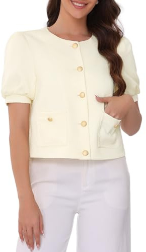 Allegra K Veste d'été en tweed à manches courtes bouffantes et col rond sur le devant pour femme, haut de travail vintage, beige, M